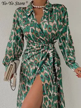 Женское платье с разрезом с леопардовым принтом, Элегантные офисные женские платья с V-образным вырезом и длинным рукавом для женщин, праздничная одежда для вечеринок 2022