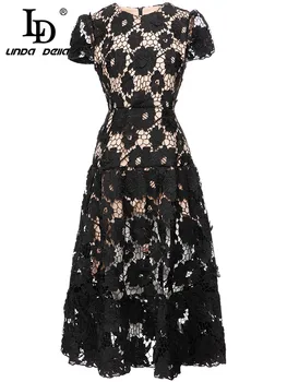 LD LINDA DELLA, Модное Дизайнерское Летнее платье, женское платье с коротким рукавом, кружевное платье с цветочным узором, Винтажные Черные вечерние платья Миди
