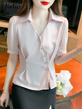 Новая женская розовая рубашка Jielur с V-образным вырезом, летний Корейский универсальный женский топ с коротким рукавом, модные милые блузки на пуговицах с полуоткрытым вырезом