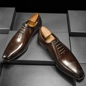 Высококачественные мужские черные / кофейные деловые Официальные свадебные офисные туфли из натуральной кожи на шнуровке с острым носком