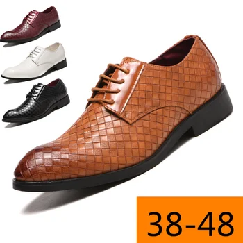Новая модная мужская кожаная обувь в клетку, мужская повседневная деловая кожаная обувь, туфли для свадебной вечеринки с острым носком, большие размеры 38-48