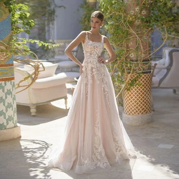 Свадебные платья для женщин 2023, тюль с квадратным цветком, блестками, трапециевидной формы, Элегантное милое свадебное платье Vestido De Novia с блеском