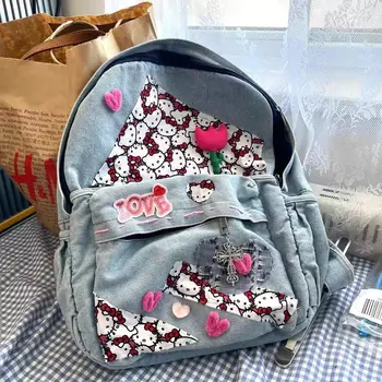 Джинсовая сумка Sanrio hello kitty, сшитая в стиле ретро, сумка через плечо, сумка для девочек, мультяшная сумка для покупок