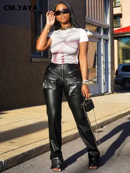 СМ. YAYA, женские модные брюки-карго из искусственной кожи с застежкой-молнией спереди, 2023, Летние уличные широкие прямые брюки в стиле сафари