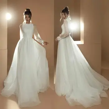 2020 Богемные свадебные платья С высоким воротником и длинными рукавами, свадебные платья с кружевной аппликацией, свадебное платье трапециевидной формы с шлейфом на пуговицах сзади