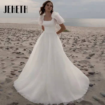 Элегантное свадебное платье JEHETH трапециевидной формы с квадратным вырезом 2023, простое свадебное платье с короткими пышными рукавами и шлейфом на молнии, сшитое на заказ