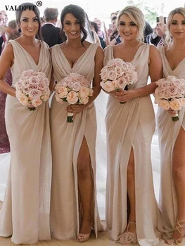 Сексуальные Длинные шифоновые платья для подружек невесты с разрезом, женские платья для свадебной вечеринки с V-образным вырезом, вечернее платье подружки невесты