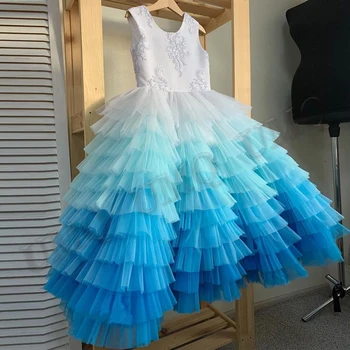 Модные многоуровневые синие платья с цветочным узором для девочек, тюлевые аппликации, костюмы на День рождения, Длинное свадебное модельное платье, Оптовая Прямая доставка