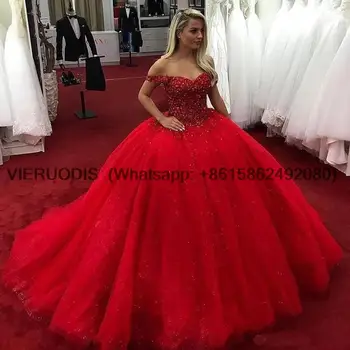 Красное бальное платье Sweet 16, пышные платья, расшитые кристаллами, расшитые бисером, большие размеры, платья для вечеринки в честь дня рождения принцессы с открытыми плечами