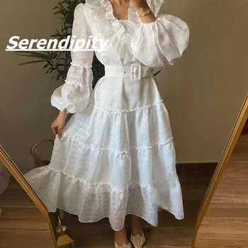 Женское платье для выпускного вечера Serendipity в стиле Ампир Чайной длины С поясом и оборками на шее, с застежкой-молнией, с ремешками на длинных рукавах, Robe de soire, 2023