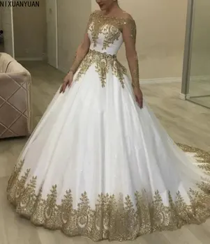 Свадебные платья с золотым кружевом для невесты 2023 с открытыми плечами и длинными рукавами Бальное платье Свадебное платье с аппликацией