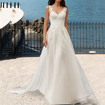 Сексуальное свадебное платье трапециевидной формы без рукавов JEHETH 2023, красивое свадебное платье из тюля с V-образным вырезом и открытой спиной, Элегантное свадебное платье с иллюзионными аппликациями,
