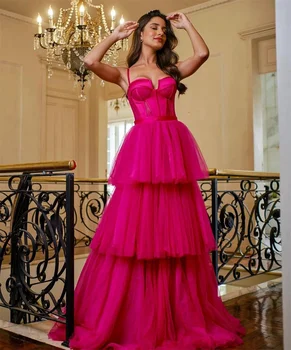 Ярко-розовое вечернее платье из многослойного тюля в складку из Саудовской Аравии, Итальянское платье для выпускного вечера с ремешком в виде лапши, плиссированное платье трапециевидной формы, праздничное платье