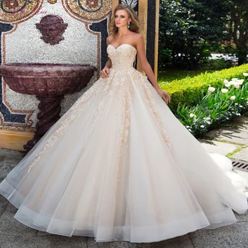 Julia Kui Роскошное Бальное платье без бретелек цвета Шампанского, Свадебное платье с 3D Цветами, Придворный Шлейф, платье невесты на шнуровке