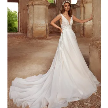 Свадебное платье с V-образным вырезом для невесты, кружевное платье с цветочным рисунком, без рукавов, Красивое свадебное платье с открытой спиной, халат со шлейфом Mariée 2023