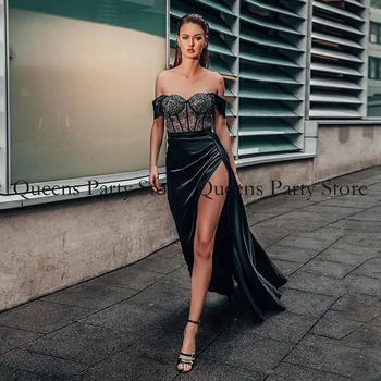 Вечернее платье Robe De Soiree, черное вечернее платье с открытыми плечами, аппликация из прозрачных бусин, вечерние платья с разрезом, вечернее платье для выпускного вечера