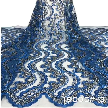 Африканская кружевная ткань с пайетками, синяя Высококачественная кружевная ткань с вышивкой, Французский тюль, сетчатая кружевная ткань для Нигерийской вечеринки F12985