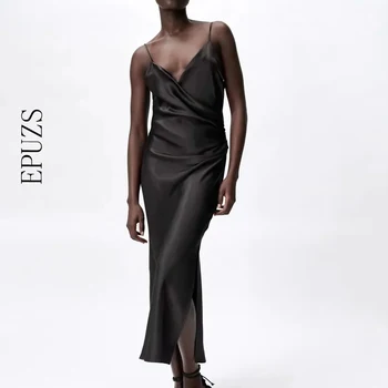 Сексуальное черное длинное платье с v-образным вырезом, женское платье миди, винтажное атласное платье на бретельках, повседневные облегающие вечерние платья для вечеринок