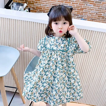 Детское платье для девочек, летнее Новое Корейское Детское хлопковое платье с коротким рукавом в цветочек, детское платье Принцессы от 2 до 7 лет