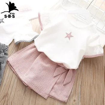 Летний новый костюм-юбка для девочек, футболка со звездой, короткий рукав + клетчатая юбка на шнуровке, костюм из 2 предметов