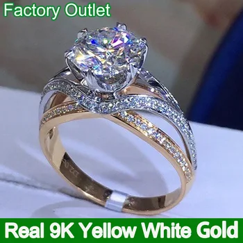 Кольцо из настоящего желто-белого золота 9 карат с перекрестным пересечением Для женщин, для вечеринки в честь годовщины помолвки, Роскошное Обручальное кольцо с круглым бриллиантом из муассанита