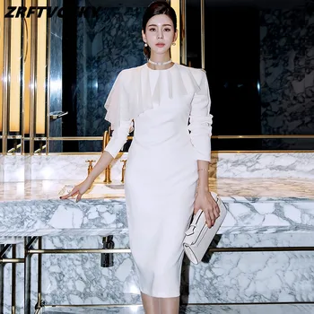 Элегантное модное Белое тонкое платье-карандаш, женские осенние винтажные вечерние платья Миди с оборками, простые облегающие вечерние платья Vestidos