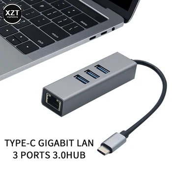 USB Type-C Ethernet с 3 Портами USB-КОНЦЕНТРАТОРА 3,0 Сетевая карта локальной сети RJ45 USB-Адаптер Ethernet для Mac iOS Android PC RTL8153 USB 3,0