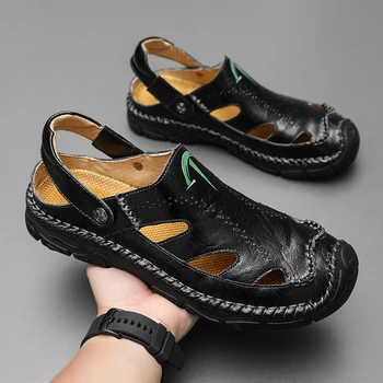 2023 Новые мужские пляжные сандалии Большого размера 38-48, Кожаные сандалии для мужчин, мужские летние сандалии для прогулок, Удобная мужская обувь