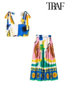 Женские костюмы для пляжного отдыха с принтом TRAF Summer, с завязками на плечах и эластичной спинке, Тонкий укороченный топ, женская юбка Макси, комплекты из 2 предметов