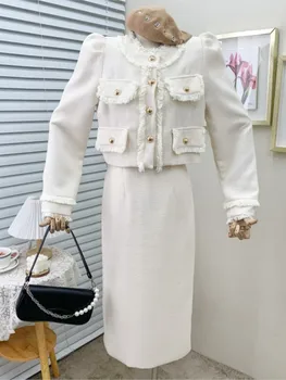 Офисный Женский юбочный костюм 2023, Новые Твидовые наряды из двух предметов, женское пальто с длинным рукавом + юбка-карандаш с высокой талией, комплект из 2 предметов, Элегантный