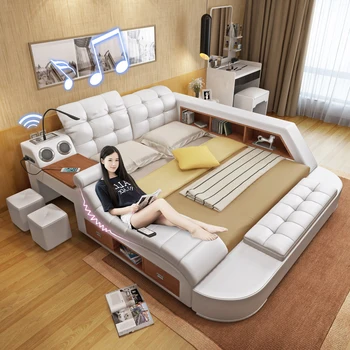 Современная кожаная кровать для хранения вещей в спальне, многофункциональная массажная кровать-татами, умная кровать с USB-зарядкой и динамиком