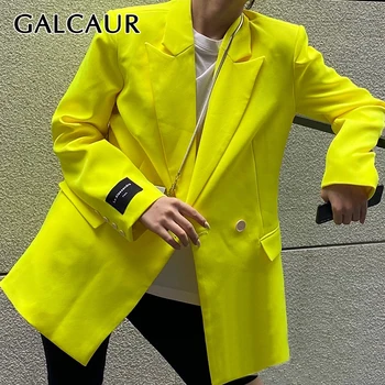 GALCAUR Однотонные Блейзеры для женщин с длинным рукавом и пуговицами в стиле Пэчворк Минималистичные Желтые повседневные пальто Женская модная одежда 2021 года