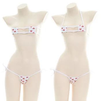Аниме Мини-бандажный комплект бикини Cube Strawberries Сексуальный купальник Косплей костюм Милые японские купальники Нижнее белье для девочек Нижнее белье