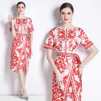 Высококлассное офисное женское платье китайского красного цвета с фантастическим цветочным принтом, облегающая повязка, однобортное платье неправильной формы