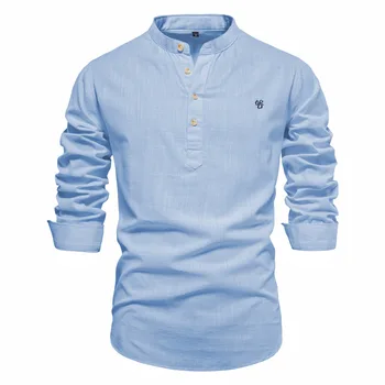 Мужская рубашка С однотонным воротником-стойкой и вышивкой, Высококачественная футболка, Весенне-летняя Высококачественная Повседневная деловая рубашка, Мужская рубашка
