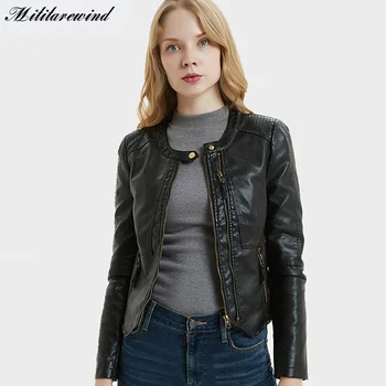 Мотоциклетная женская куртка с круглым вырезом, Демисезонная куртка из искусственной кожи, женская Короткая Стильная Приталенная куртка из искусственной кожи на двойной молнии