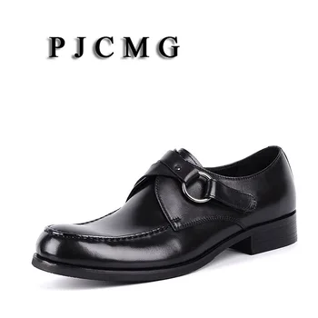 PJCMG, Новая мода, Удобная черная / красная натуральная кожа, ремешок с пряжкой, острый носок, мужские повседневные классические вечерние туфли на плоской подошве