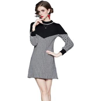 Осень 2023, Женское элегантное винтажное вечернее платье в клетку, женская Весенняя мода, Вязаный свитер в стиле пэчворк, мини-платья больших размеров