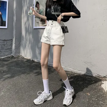 Джинсовые шорты с супер высокой талией, женские летние Новые Свободные, Тонкие, в корейском стиле, широкие брюки А-образной формы