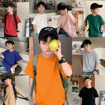 Летние повседневные хлопковые однотонные футболки для школьников, футболки для детей и мальчиков с короткими рукавами, детская одежда от 1 до 16 лет