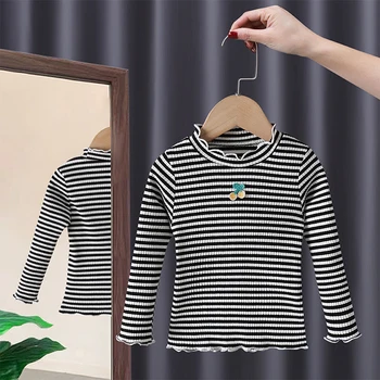 Корейская Детская одежда Весна 2023, Хлопковая Модная футболка Kawaii с длинными рукавами в полоску Для Девочек От 2 до 7 лет, Топы
