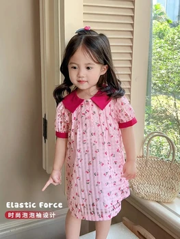 Летнее милое платье для маленьких девочек, детское повседневное платье с воротником-ПОЛО и коротким рукавом, детские платья с принтом для девочек на 2-10 лет