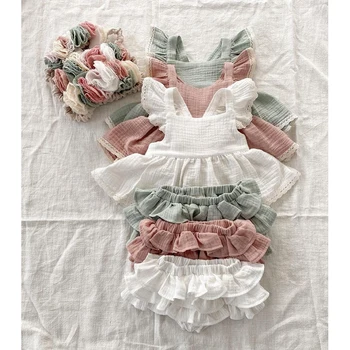 Sumemr Комплект одежды для новорожденных девочек, 2 шт., однотонные кружевные топы с рукавами-оборками и открытой спиной, платье + Многослойные шорты-пачки, Хлопчатобумажные льняные наряды