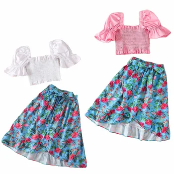 Модный летний комплект одежды для девочек, костюмы для маленьких девочек, укороченный топ, рубашка и юбка с цветочным рисунком, элегантные детские наряды, детская одежда для малышей