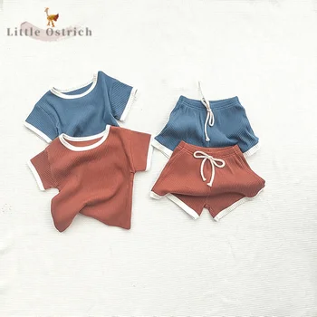Комплект хлопчатобумажной одежды в рубчик для новорожденных девочек и мальчиков, футболка + шорты, костюм для детской одежды, пуловер с короткими рукавами, детская одежда от 9 до 2 лет