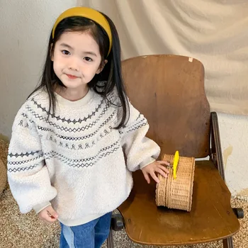 Зимние толстовки с вышивкой для девочек в корейском стиле, двухслойные пуловеры из плотного флиса для детей