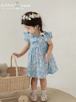 Одежда для девочек Лето 2023, Новое модное детское платье в цветочек с разлетающимися рукавами и бантом, Тренд