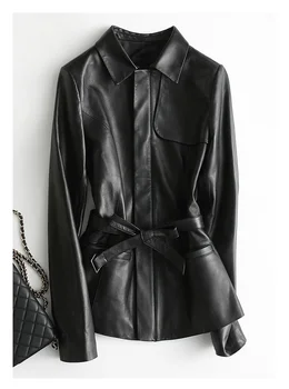 2023 Куртка из натуральной кожи, Женский модный бренд, Элегантная уличная одежда, Повседневная Черная Тонкая дубленка с поясом KQN29103