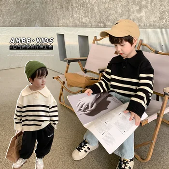Детский свитер, детский пуловер в западную полоску, вязаный свитер, модная хлопковая рубашка ПОЛО для мальчиков и девочек в осеннем стиле