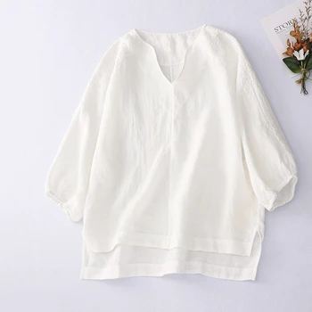 Хлопчатобумажная льняная рубашка Женская 2023 Весна / лето, белая блузка свободного кроя с вышивкой, повседневная уличная одежда